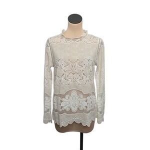James Coviello Blouse Womens 8 UK12 White Lace Sheer Embroidered Long Sleeve Top